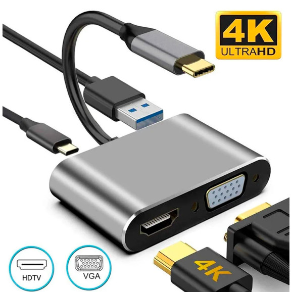 Adaptador Hub 4 em 1 - Tipo-C para HDMI + VGA + USB3.0 Pd