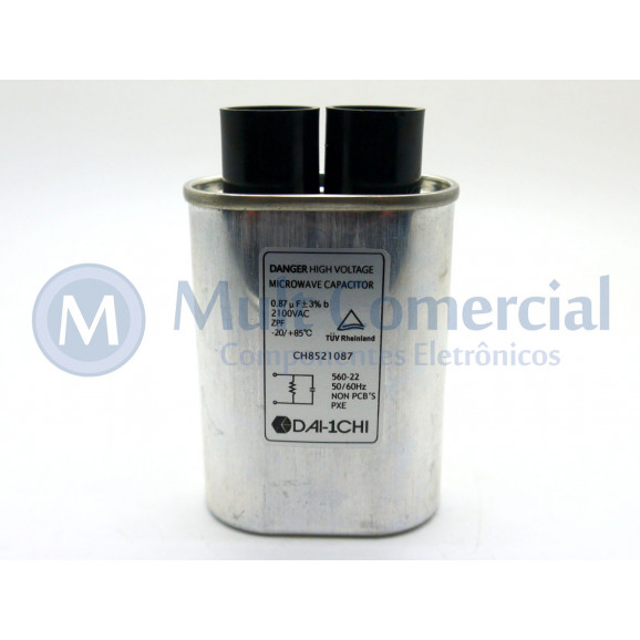 Capacitor para Microondas 0.87uF/2100VAC 50/60Hz -20/+85ºC Alta Tensão