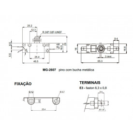 Chave Micro Switch com Pino e Bucha Metálica 20A/120Vac IR/E3 MG-2607 - Margirius