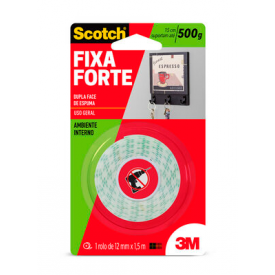 Fita 3M Dupla Face Scotch Fixa Forte Espuma - Uso Interno - 12 mm x 1,5 m