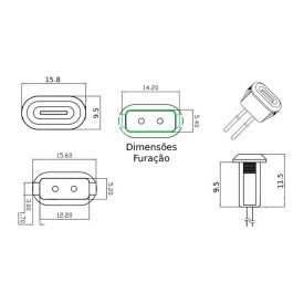 Conector USB-C Fêmea com 2 Fios para Painel
