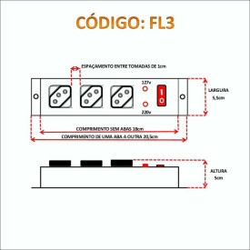 Filtro de Linha Metálico com 3 Tomadas 10A com Chave, LED e Fusível - FL3