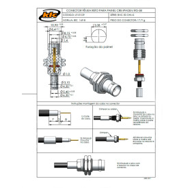 Conector BNC 50 Ohms Fêmea Reto Cabo Painel Crimpagem RG 58 Pino Fixo Rosca e 2 Porcas - LF-51CR - Gav 04 - KLC