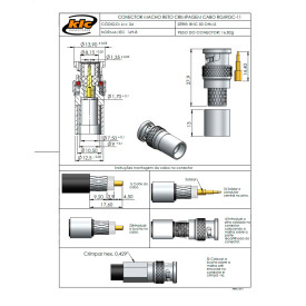 Conector BNC 50 Ohms Macho Reto Cabo Crimpagem RG 11 Pino Solto - LM-34 - Gav 64 - KLC