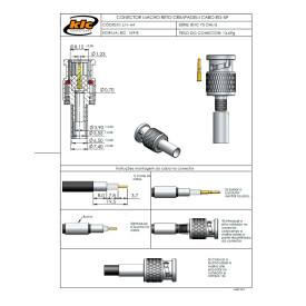 Conector BNC 75 Ohms Macho Reto Cabo Crimpagem RGC 59 - LM-64 - Gav 42 - KLC