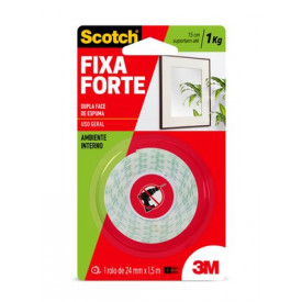 Fita 3M Dupla Face Scotch Fixa Forte Espuma - Uso Interno - 24 mm x 1,5 m