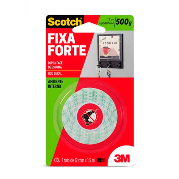 Fita 3M Dupla Face Scotch Fixa Forte Espuma - Uso Interno - 12 mm x 1,5 m