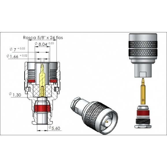 Conector N 50 Ohms Macho Reto Prensa Cabo RG/RGC-58 - CM-3 - Gav 16 - KLC