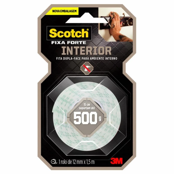 Fita 3M Dupla Face Scotch Fixa Forte Espuma - Uso Interno - 12 mm x 1,5 m