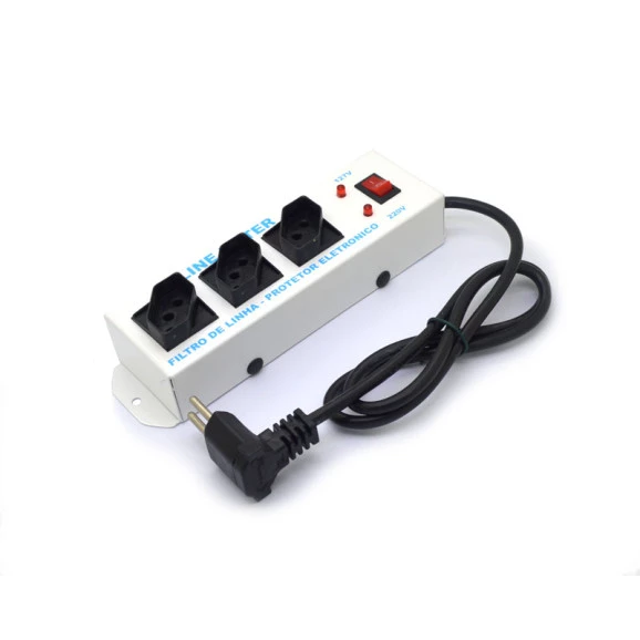 Filtro de Linha Metálico com 3 Tomadas 10A com Chave, LED e Fusível - FL3