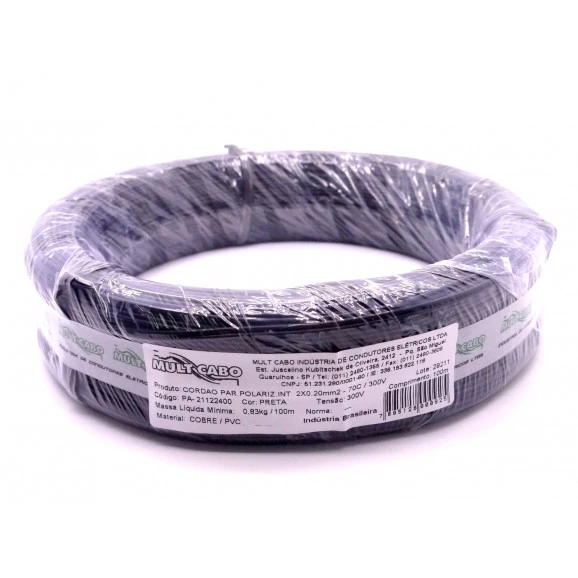 Cabo Paralelo Preto 2x0.50mm - Mult Cabo - Rolo Com 100 Metros