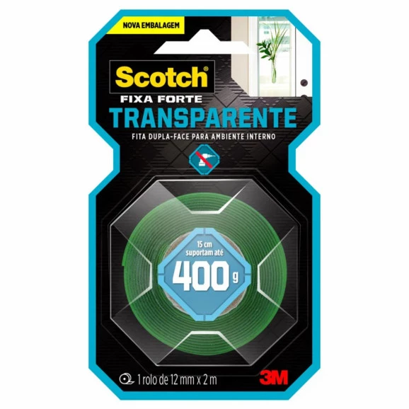 Fita 3M Dupla Face Scotch Fixa Forte Transparente - Uso Interno - 12mm x 2M
