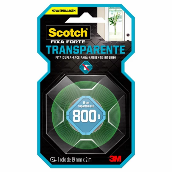 Fita 3M Dupla Face Scotch Fixa Forte Transparente - Uso Interno - 19mm x 2M