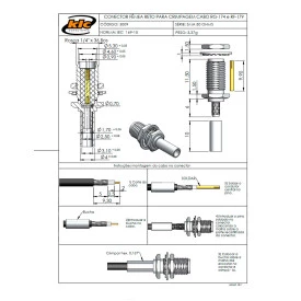 Conector SMA Fêmea Reto Painel Crimpagem RG-174 com Rosca e Porca - 3009 - Gav 37 - KLC