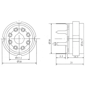 Soquete para Válvula de 8 Pinos (Octal) Cerâmico (Solda em Placa - PCI) - 8PINPC
