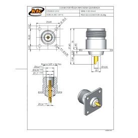 Conector N 50 Ohms Fêmea Reto Painel Base Quadrada 25,40mm Furo Base 3,3mm - CF-2 - Gav 17- KLC