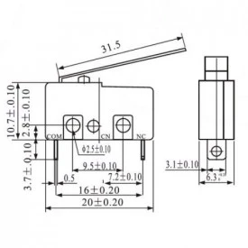 Chave Micro Switch com Haste de 31,5mm 5A/125/250V 3T - KW11-3Z-5