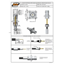 Conector BNC 50 Ohms Fêmea Reto Cabo Painel Crimpagem RG-58 Pino Fixo Base Quadrada 17,50mm - LF-4CR - Gav 130 - KLC