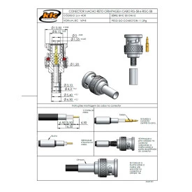 Conector BNC 50 Ohms Macho Reto Cabo Crimpagem RG-58 e RGC-58 Pino Solto - LM-4CR - Gav 75 - KLC