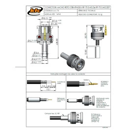 Conector BNC 75 Ohms Macho Reto Cabo Crimpagem 0.4/2.5 - LM-74 - Gav 151 - KLC